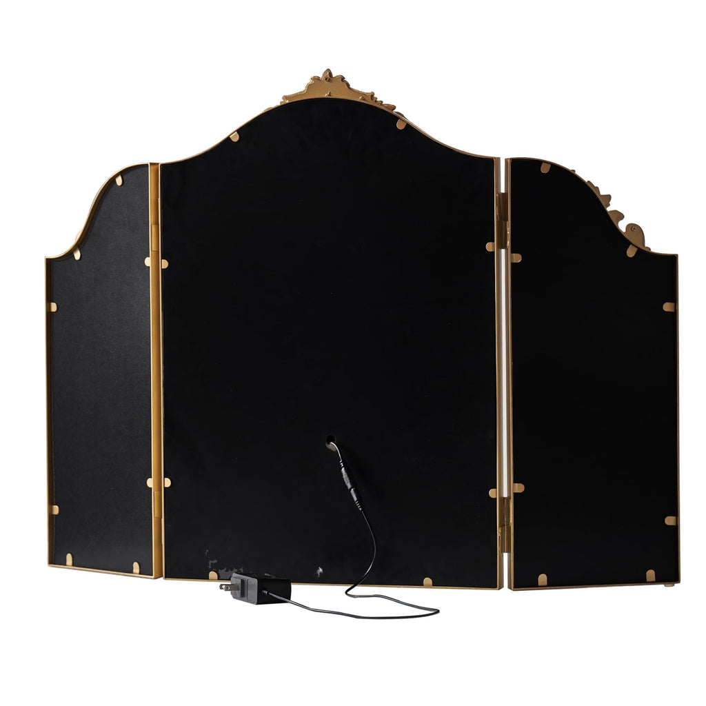 Antique Gold Triple Fold Makeup Mirror with Tri-Color LED Lighting & Dimming, Baroque Carved Arch Vintage Vanity