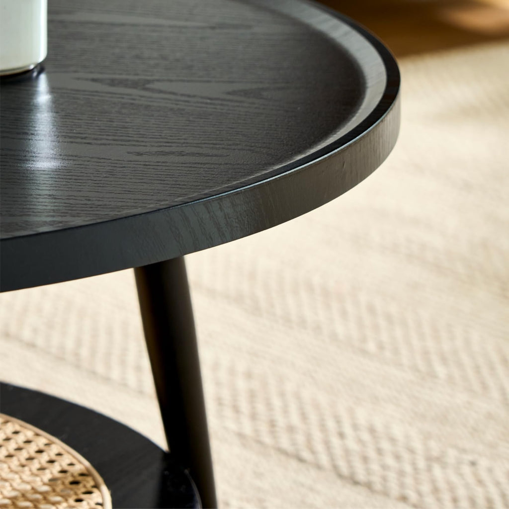 Mossi Wood and Rattan Coffee Table, Mid Century Modern Round Coffee Table, 2-Tier Boho Center Table for Small Space