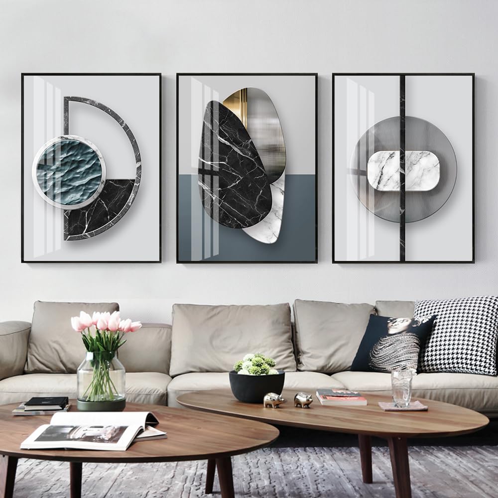3Pcs Abstract Marble Geometric Crystal Surface Framed Canvas Wall Art