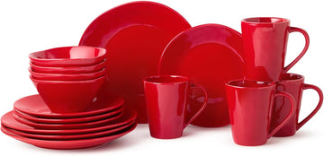 Berry Red Christmas 16pc Dinnerware Set, Stoneware Holiday Tableware Service for 4 with Plates, Mugs & Bowls, Mix