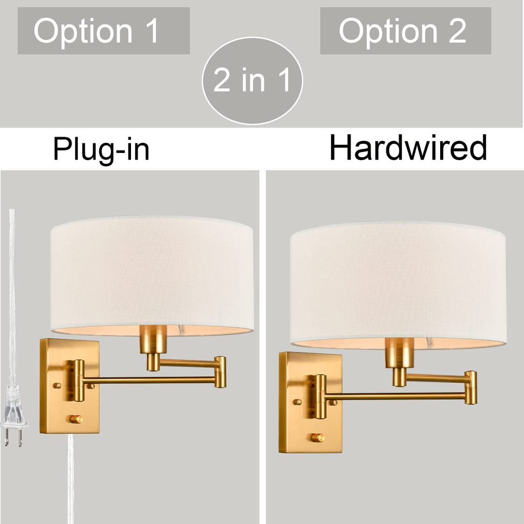 Gold Brass Swing Arm Wall Sconce, Plug in Hardwired Set of 2