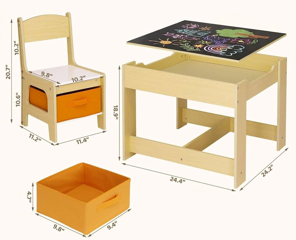 Kids Table & 2 Chairs Set, 4 in 1 Wooden Activity Table w/Storage