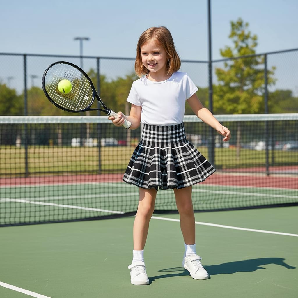Girls Pleated Skirts High Waisted Stretchy Knit A-Line Skater Mini Skirt for School Cheer Tennis