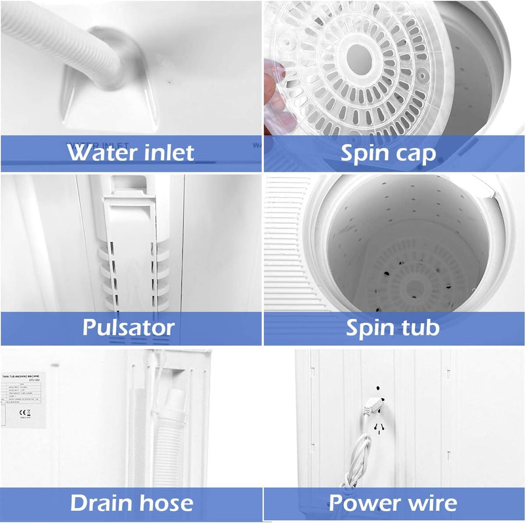 Portable Mini Compact Twin Tub Washing Machine 20lbs Washer Spain Spinner Portable Washing Machine, Blue+ White
