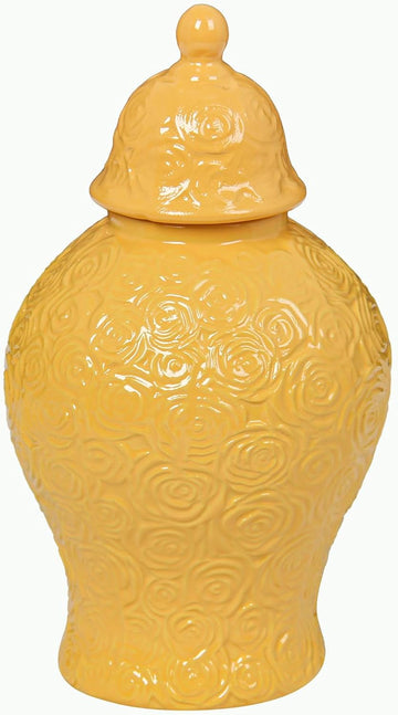 Small Ceramic Ginger Jar with Lid, 6 Inch Yellow Ginger Jar Vase Decor, Mini Porcelain Vase with Embossed Rose
