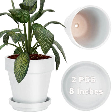 8 Inch White Terracotta & Clay Pots with Saucer, 2 Pack