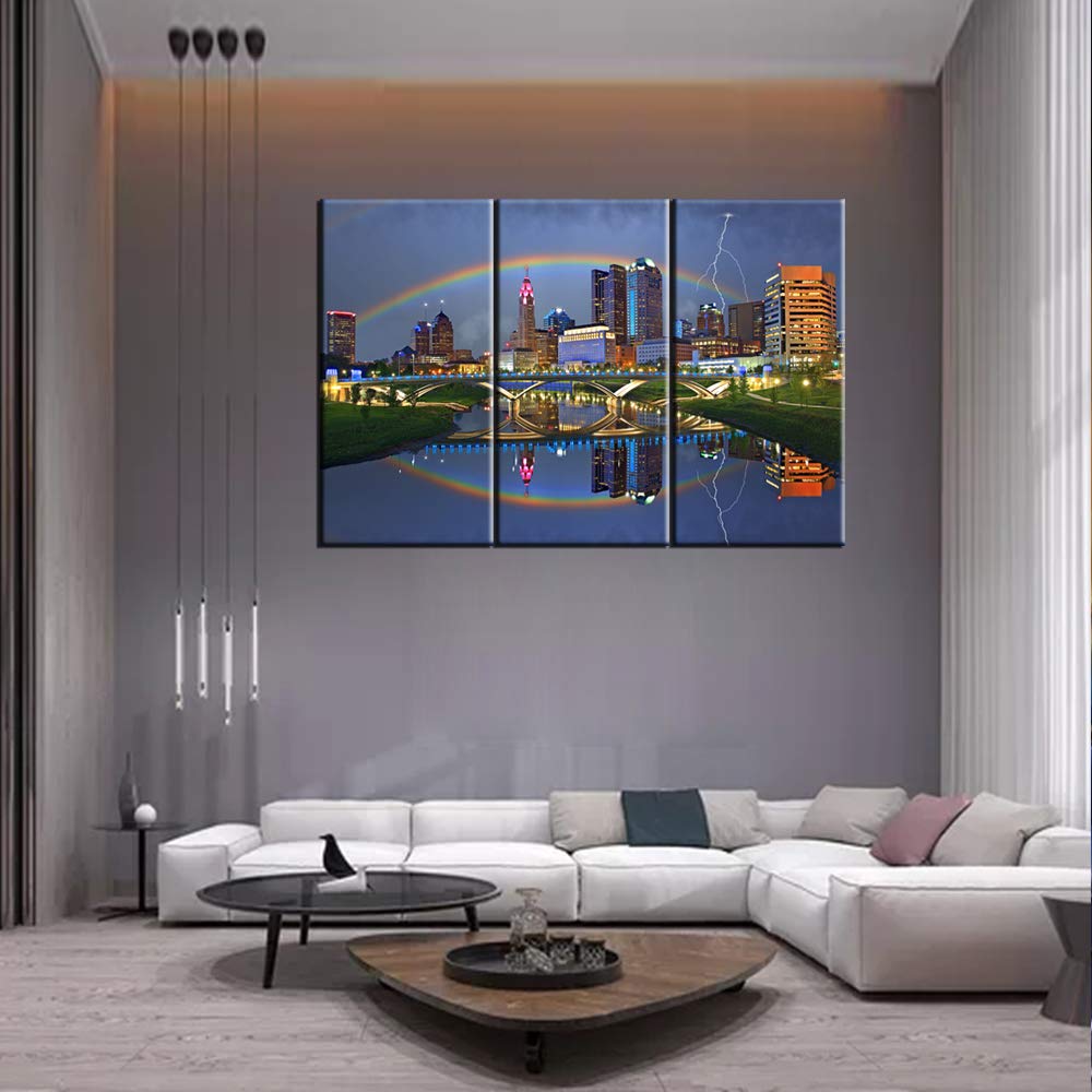 Wall Canvas Print Columbus Ohio Skyline with a Rainbow, Lightning Bolt, and City Lights Reflecting onto the Scioto
