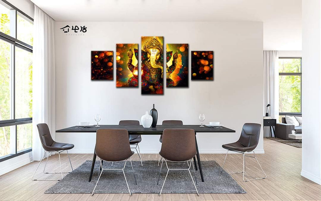 Large 5 Panel Hindu God Ganesha Wall Art - Traditional Indian Canvas Prints Decor ( Inch, Framed)