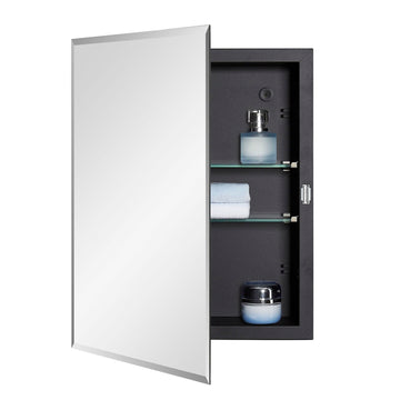 Black Bathroom Medicine Cabinet with Beveled Edge Mirrored Door 14 x 18 inch, Recessed or Surface Mount, with
