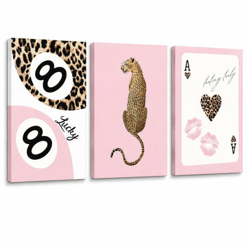 Cheetah Trendy Canvas Print Wall Art, Preppy Leopard 8 Ball Poster Pictures, Pink Y2k Coquette Luxury Print Lucky