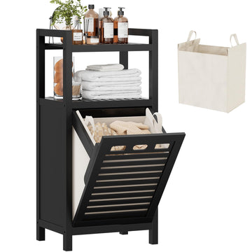 Bamboo Tilt Out Laundry Hamper Cabinet with Removable Bag, Black