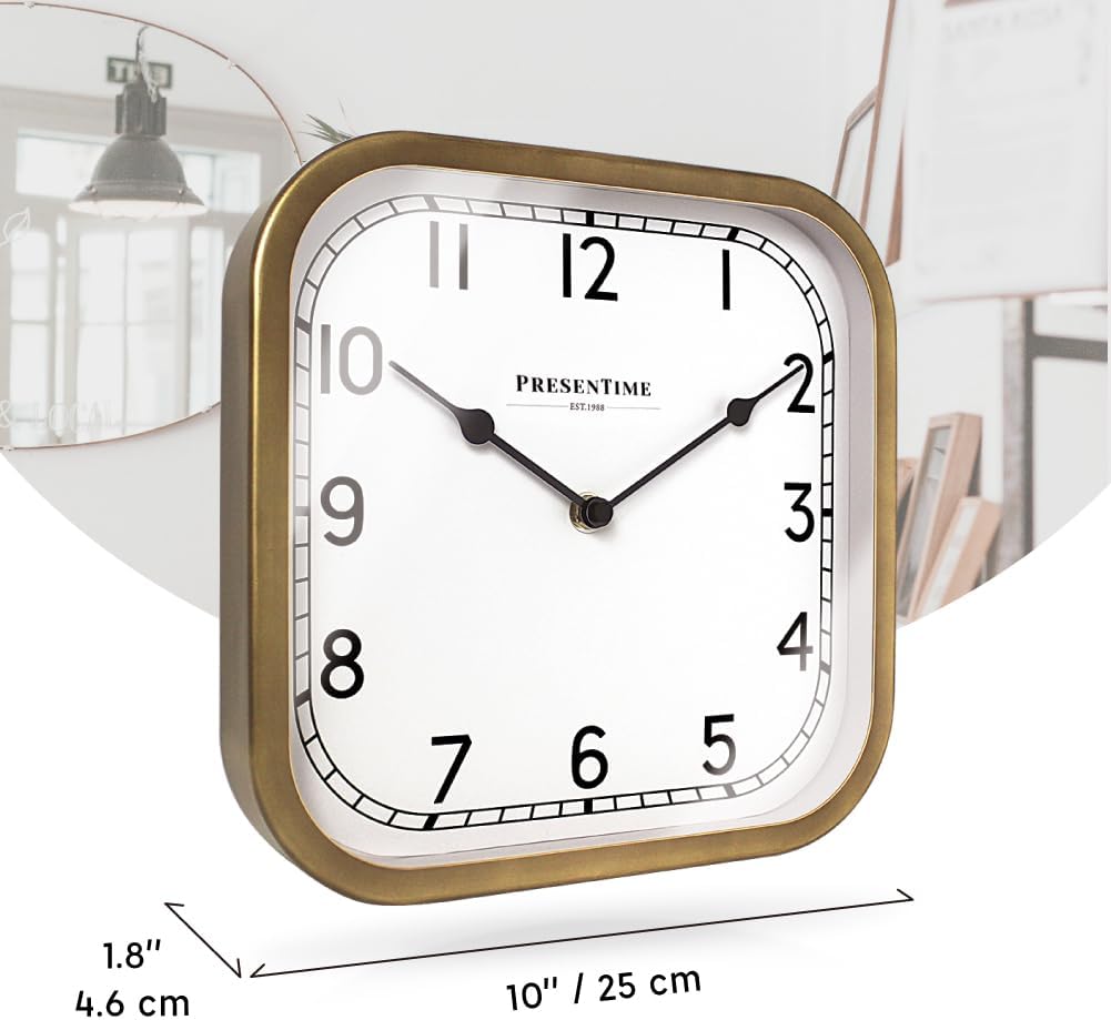 Presentime & Co 10" Anton Vintage Square Clock, Silent No Ticking, Wall & Mantel 2 in 1 Clock, Desk and Shelf Clock
