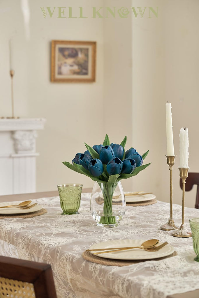12 Pcs Fake Tulips Artificial Flowers in Vase with Faux Water, Foam Tulip Flower Arrangement with Vase Decor, Dining