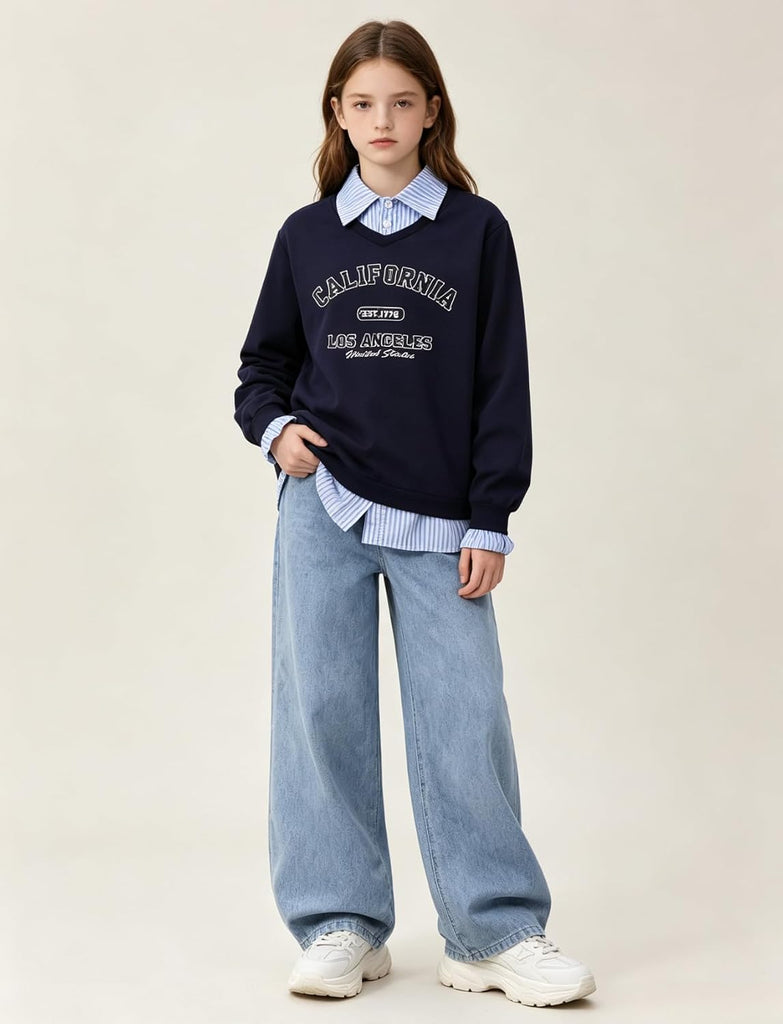 Clothes Spring Fall Spliced Fake Two Piece Long Sleeve Top & Denim Pants 2PCS Set Girl Outfits