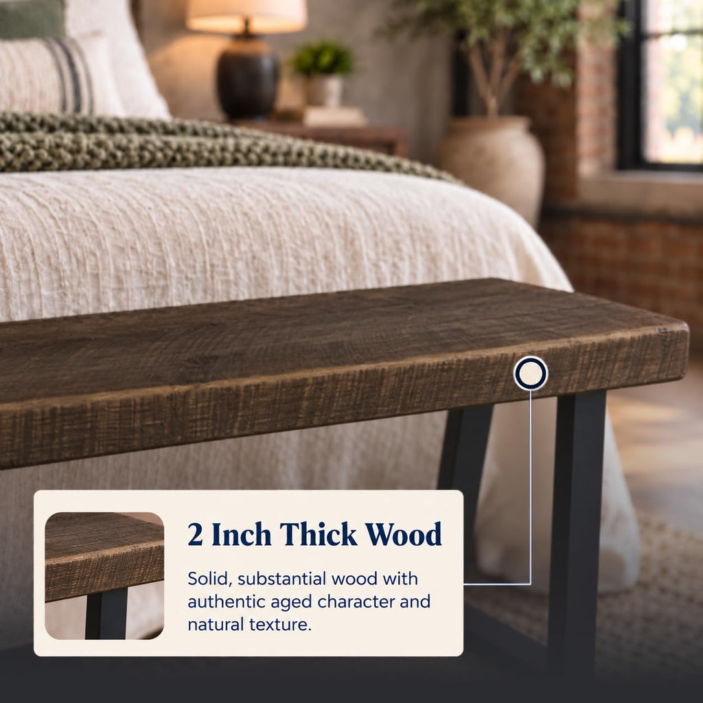 Rustic Revival Reclaimed Barnwood Bench, Solid Wood with Metal Base, Modern Farmhouse Style, 2-Inch Thick Top, (38x12)