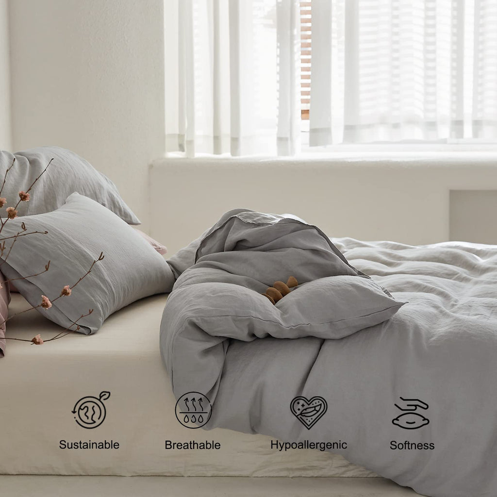 100% Linen Duvet Cover Set, 3 Piece Soft Breathable