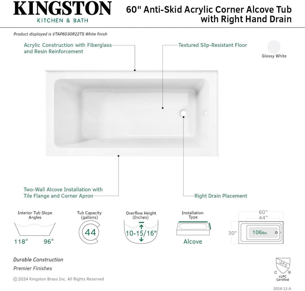VTAP6030R22TS 60-Inch Acrylic 2-Wall Corner Alcove Tub with Right Hand Drain, White