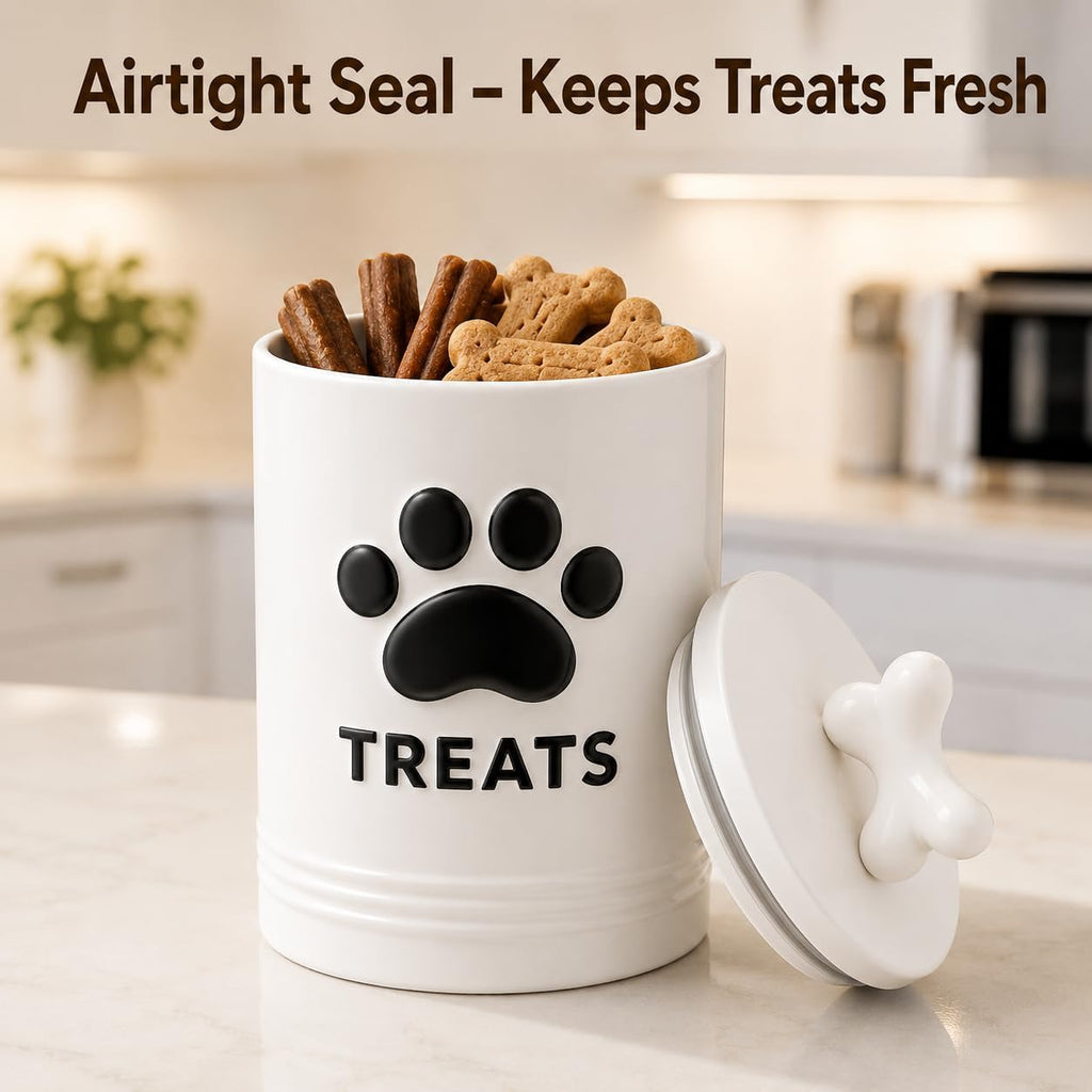 White Dog Treat Container, 5.3''×9.1'', with Airtight Lid, 7 Cups Capacity