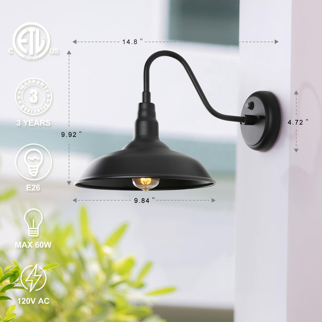 10in. Dusk to Dawn Outdoor Gooseneck Barn Light, Matte Black Exterior Wall Mount Light Fixture, Farmhouse Wall Sconce