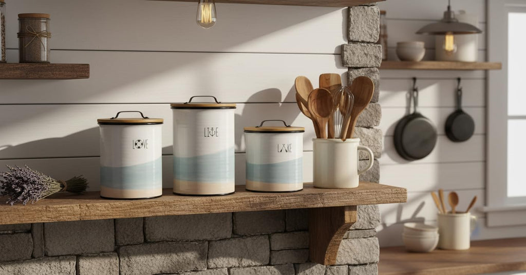 Ceramic Lake Vibe Kitchen Canister Set of 3 with Lids, Blue & White Lakehouse Storage Jars for Coffee, Sugar, Flour