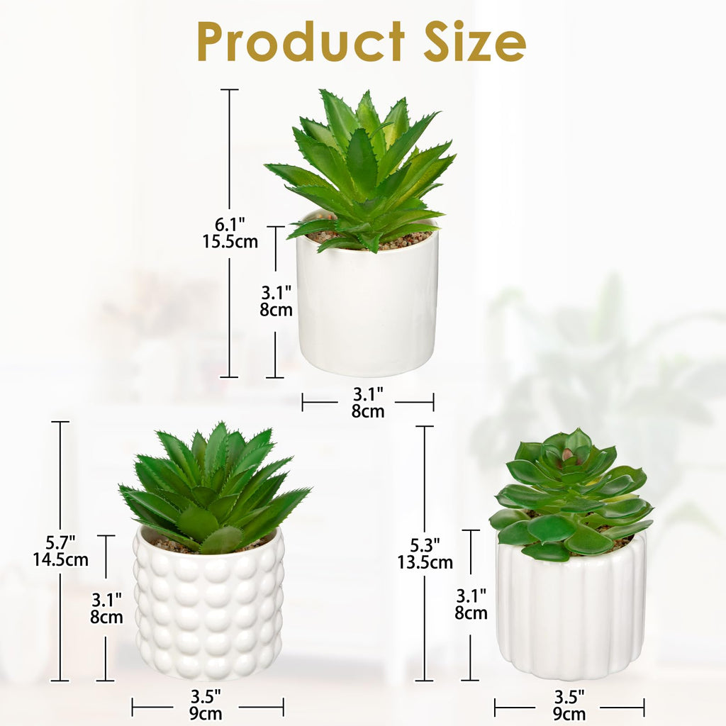Succulents Plants Artificial in White Ceramic Pots (Set of 3), Small Fake Plants Desk Decor - Modern Mini Potted
