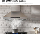 36 Inch Stainless Steel Wall Mount Range Hood 900 CFM Gesture & Touch Control Convertible Ducted/Ductless
