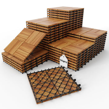 10 PCS 12" x 12" Acacia Deck Tiles, Waterproof Interlocking Deck Tiles for Indoor/Outdoor Wood Flooring, Snap Together