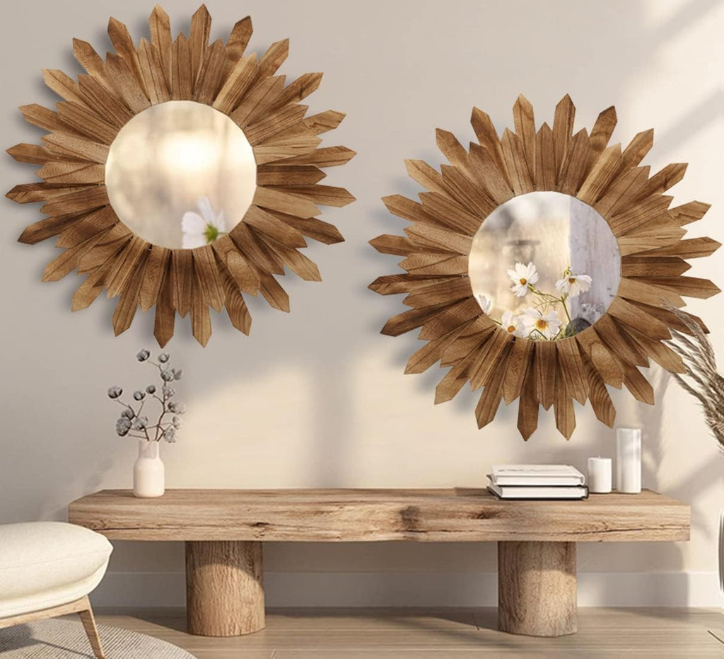 2 Pack 22 Inch Boho Wall Sunburst Mirror Rustic Round Wood Decorative Mirror Boho Wall Art Decor Bedroom Living Room