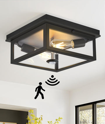Motion Sensor Outdoor Ceiling Light with Remote, 12.2 Inch Black Flush Mount Porch Light Fixture with United Glass