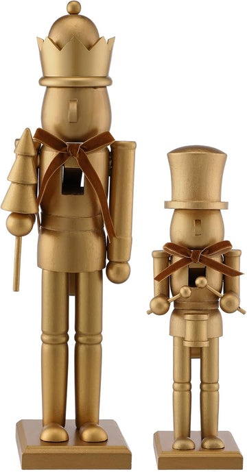 2 Pcs Neutral Christmas Nutcracker Figure 10" 15" Gold Wooden