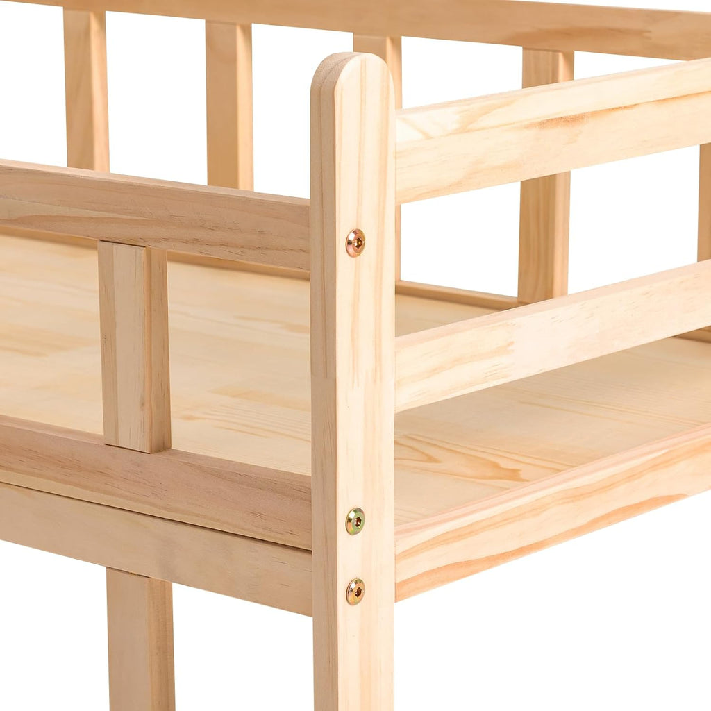 Pine Wood Pet Bed with Staircase, Wooden Dog Bed Frame w/Surrounding Fence, Elevated Dog Bed for Dogs Cats, Load 66lbs