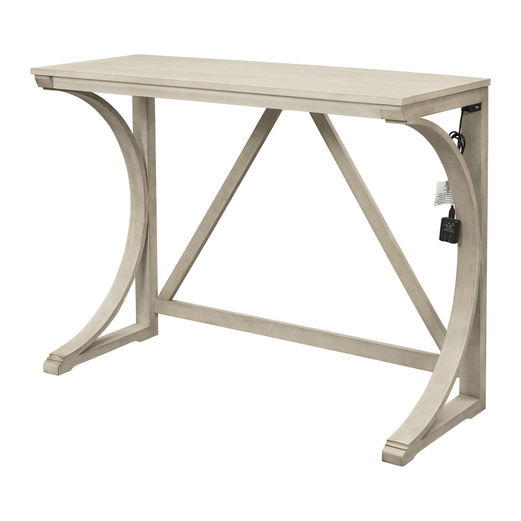 3 Piece Counter Height Dining Set, Farmhouse Kitchen Table Set with USB Port and 2 Upholstered Stools, Breakfast Nook