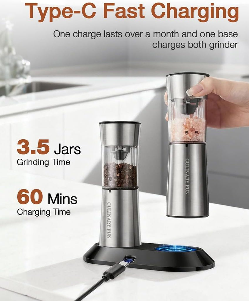 Gravity Electric Salt and Pepper Grinder Set, Automatic Mills with Rechargeable Charging Base, Built-in LED Light & - Set of 2