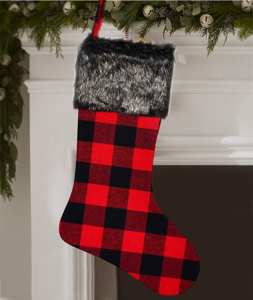 Christmas Stockings- 4 Pack 18" Red Black Buffalo Plaid Stockings with Plush Faux Fur Cuff, Classic Large Christmas