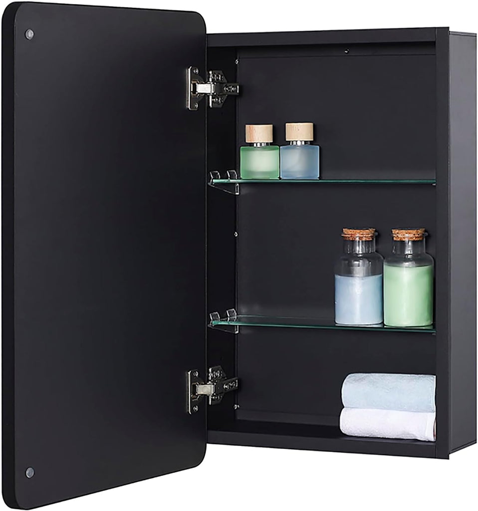 Black Bathroom Mirror Medicine Cabinet with Round Corner Framed Door and Beveled Edge Mirror 15 x 25 inch, Recessed