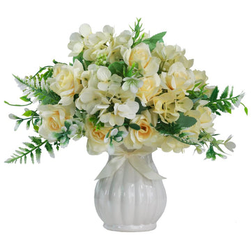 Artificial Rose Silk Bouquets with Vase Rustic Fake Decoration Table Centerpiece (Champagne)