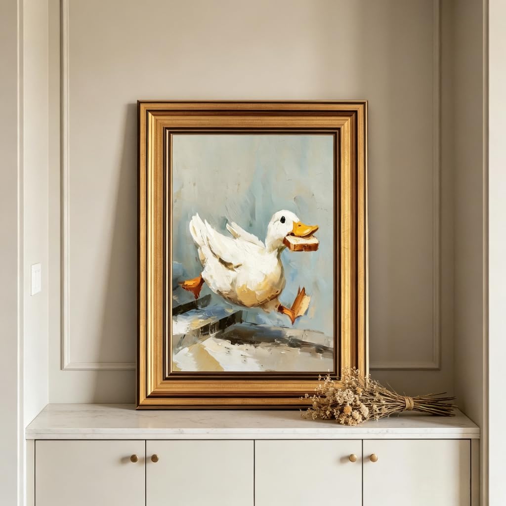 Gold Framed Duck Canvas Wall Art Fun Silly Goose Painting Decor Pictures Farmhouse Animal White Duck Posters Prints