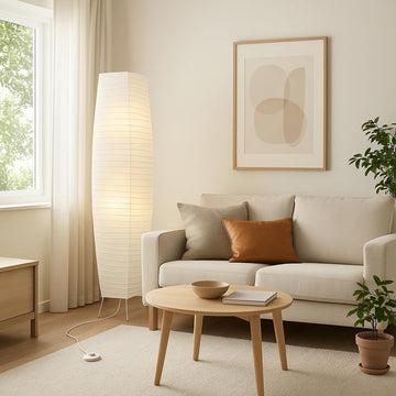 59" Rice Paper Floor Lamp with 12" Wide Shade, Modern Japanese Lantern Standing Lamp with Chrome Base and Foot Switch