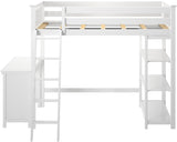 High Loft Bed, Twin Bed Frame for Kids With Bookcase and Desk, White