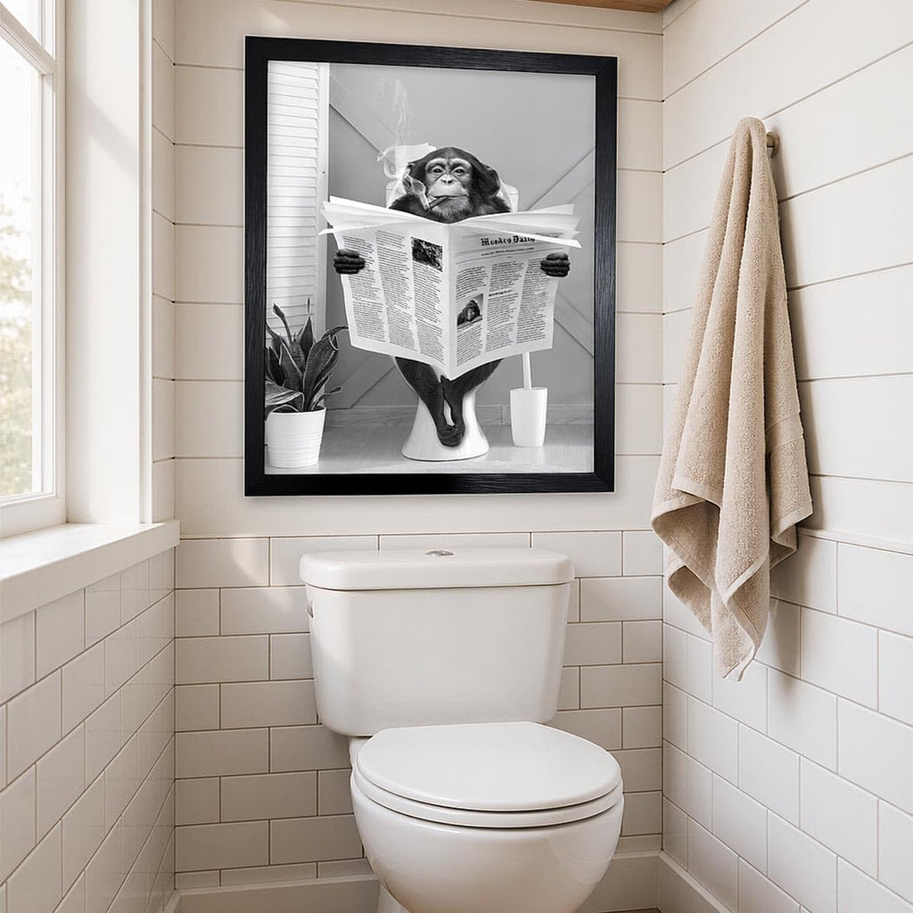 Bathroom Canvas Wall Art, Monkey Reading Newspaper Framed Art Decor, Animal Picture Bathroom Restroom Wall Decor