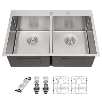33 Inch Drop Sink Double Bowl - 33 x 22 Drop Sink Stainless Steel Topmount 16 Gauge Double Bowl 50/50 Divided Above