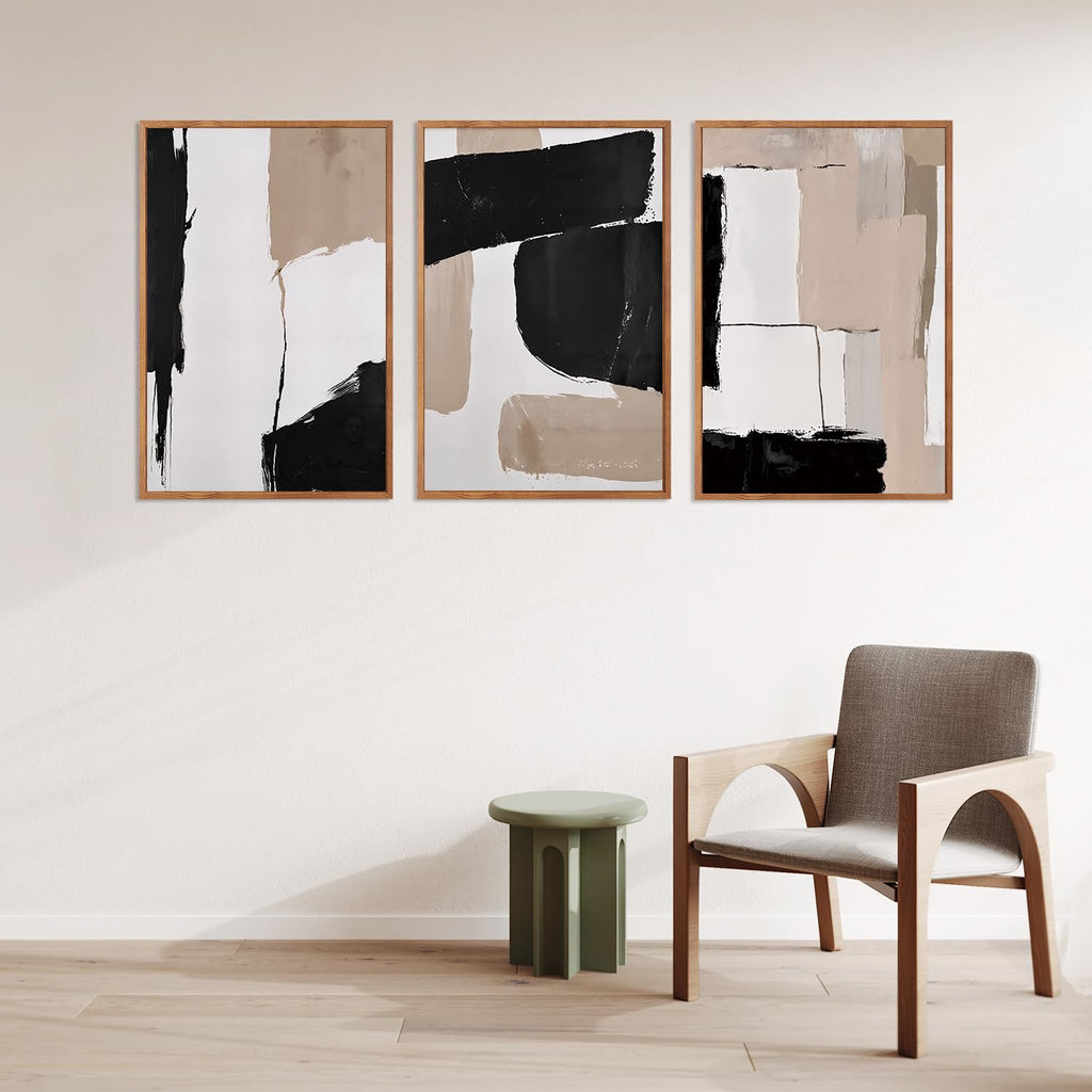 Large Abstract Neutral Framed Canvas Wall Art, Brown Brush Stroke Wall Decor, Minimalist Textured Block Artwork Set of
