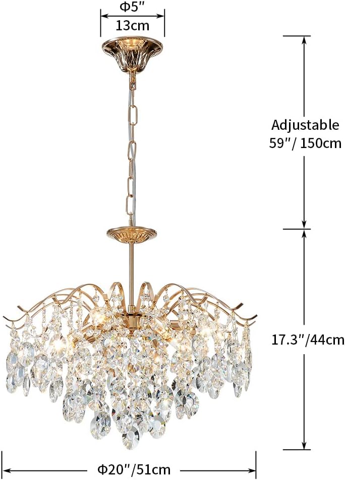 6-Light Gold Crystal Chandeliers, Middle Century Dining Room Light Fixture, Modern Pendant Light for Living Room, D20 x H17, Adjustable Chains 59", Chopper Finish Metal Frame A100-B0C1JJHV3G