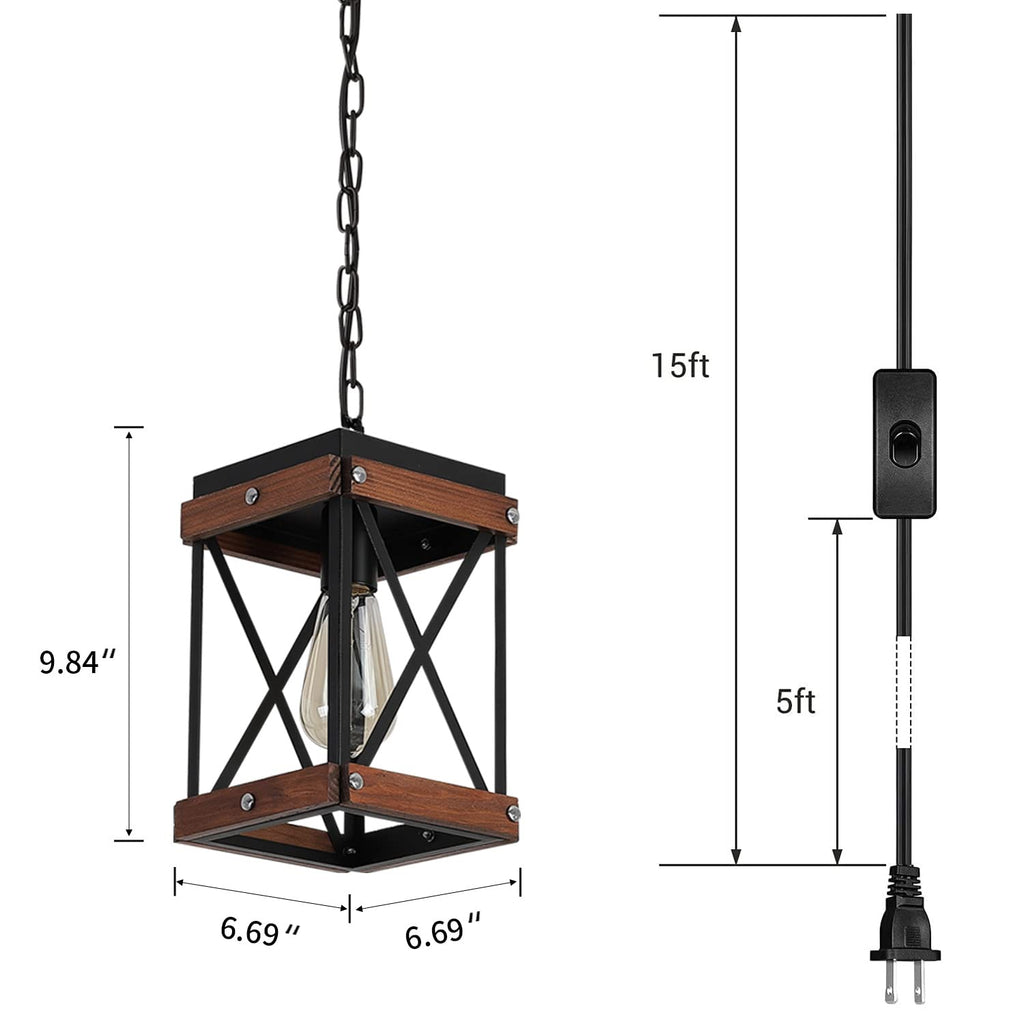 Rustic Farmhouse Plug in Pendant Light with 15ft Cord, On/Off Switch, Wood & Metal Cage Adjustable Chains Industrial