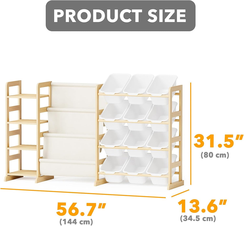 3-in-1 Toy Storage Organizer with 4 Shelves and 12 Bins, Toy Organizers Storage 3-Tier Bookshelf, Kids Bin Shelf Box