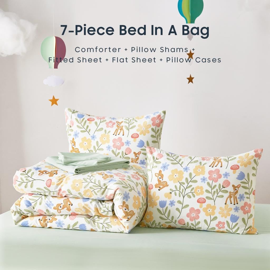 Floral Bedding Set for Girls, Cute Colorful Botanical Flowers Deers Patterned Soft Lightweight Comforter Set with Sheets, 7 Pieces Kids Bed in a Bag, Green Cream, Full Size