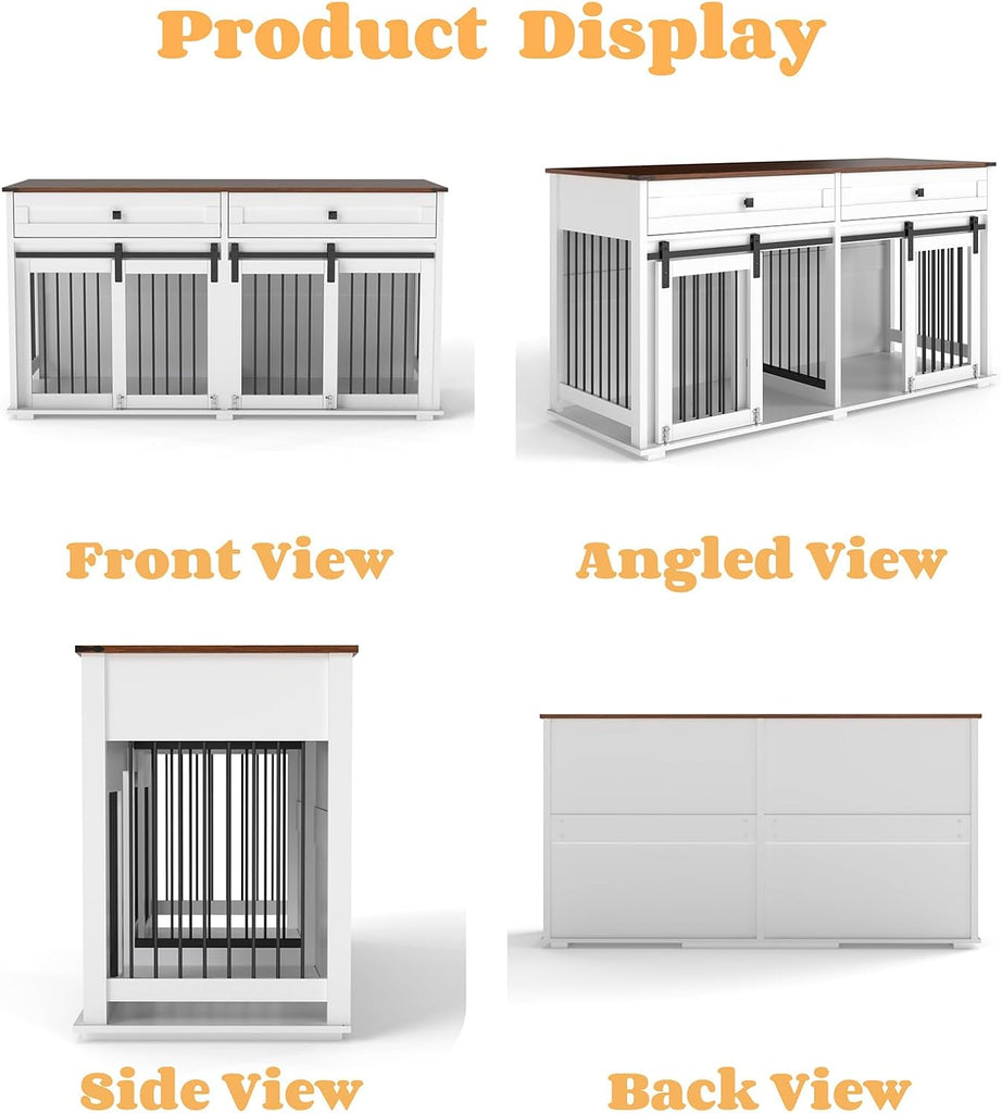 Double Dog Crate Furniture, XXL Dog Kennel TV Stand, White