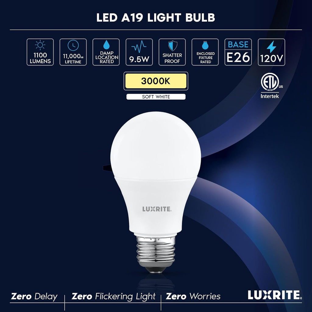 A19 LED Light Bulb 75 Watt Equivalent, 3000K Soft White, 1100LM, Non-Dimmable, Standard LED Light Bulbs, 9.5W, E26