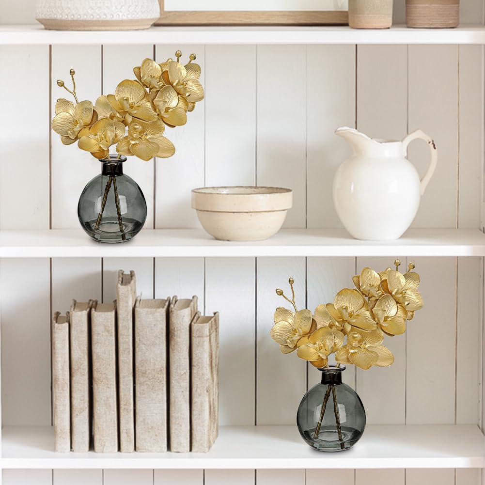 Gold Orchids Artificial Flowers Faux Orchid Arrangement with Black Glass Vase Set of 2 Real Touch Phalaenopsis Orchid