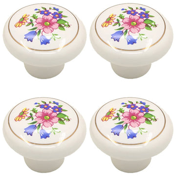 Ceramic Hand Painted Drawer Knobs, [4 Pack] Vintage Flower Painted Cabinet Knobs and Pulls, Kitchen Furniture Knobs